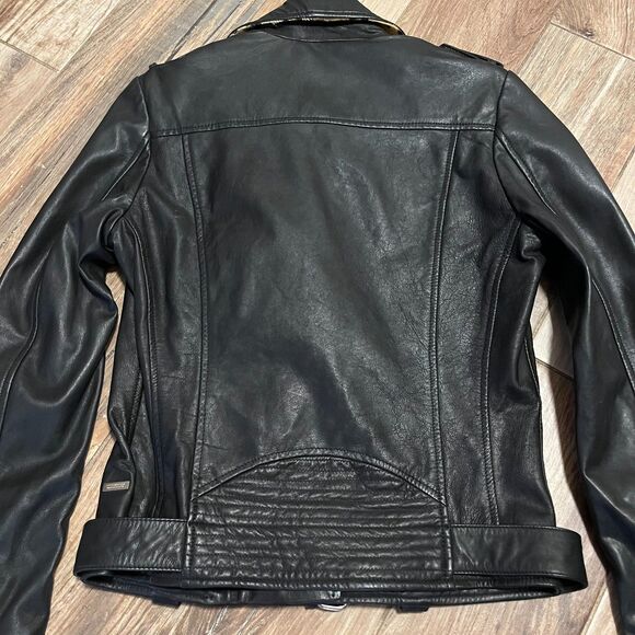 Scotch & Soda Womens Black Leather & Leopard Trim Biker Jacket NWOT Small - Picture 6 of 12